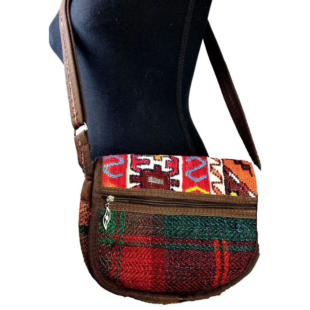 Vintage 80s 90s Southwestern Leather Turkish Kilim Bag Cross Body Boho Purse